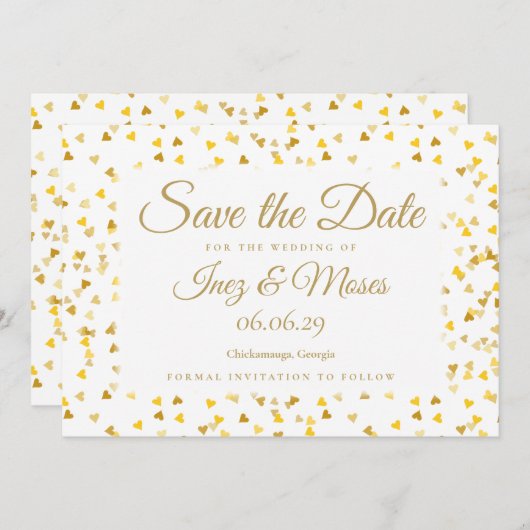 Gouden Hartjes Confetti Save the Date Kaart (Voorkant / Achterkant)
