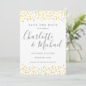 Gouden Hartjes Confetti Script Foto Save The Date (Staand voorkant)