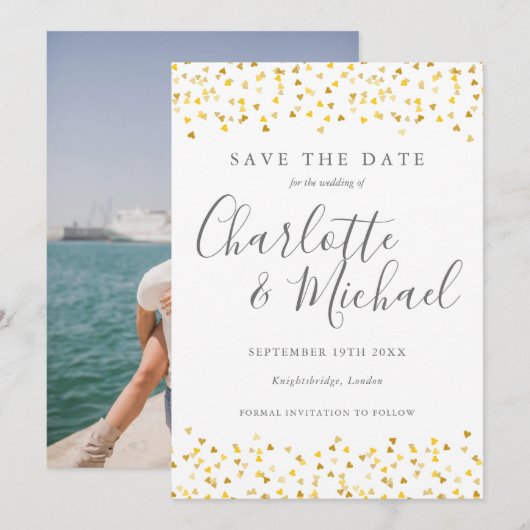 Gouden Hartjes Confetti Script Foto Save The Date (Voorkant / Achterkant)