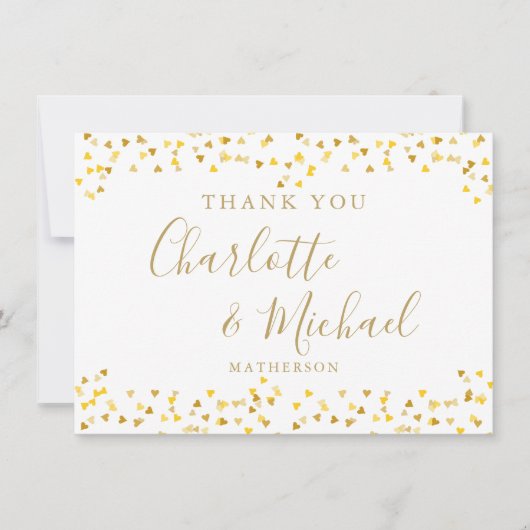 Gouden Hartjes Confetti Signature Script Trouw Bedankkaart (Voorkant)