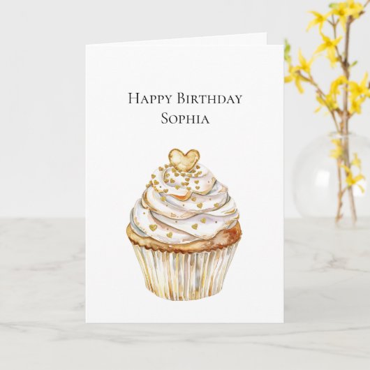 Gouden Hartjes Cupcake Verjaardag Kaart (Gele Bloem)