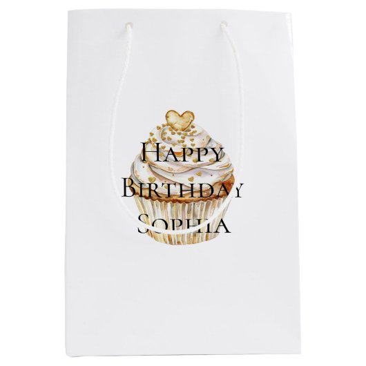 Gouden Hartjes Cupcake Verjaardag Medium Cadeauzakje (Voorkant)