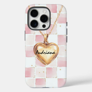 Gouden Hartketting Roze Witte Vierkanten iPhone 16 Pro Hoesje