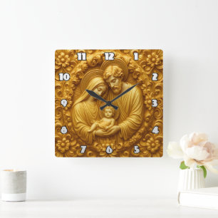 Gouden Heilige Familie Devotioneel Reliëf Vierkante Klok