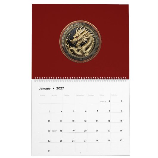 Gouden Heilige Oosterse Draak Medaillon Kalender (Jan 2027)