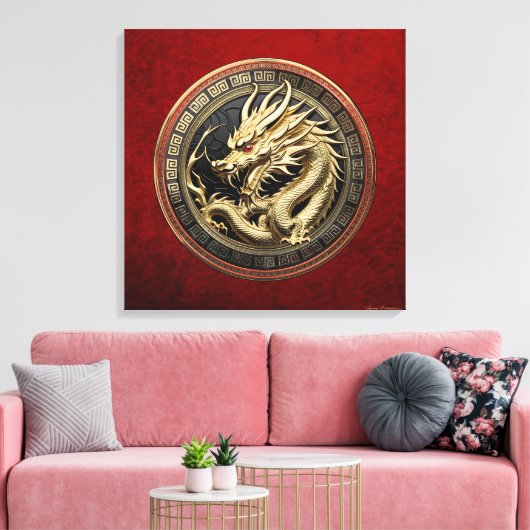 Gouden Heilige Oosterse Draak over Medaillon Canvas Afdruk (Insitu (Woonkamer))