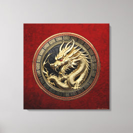 Gouden Heilige Oosterse Draak over Medaillon Canvas Afdruk