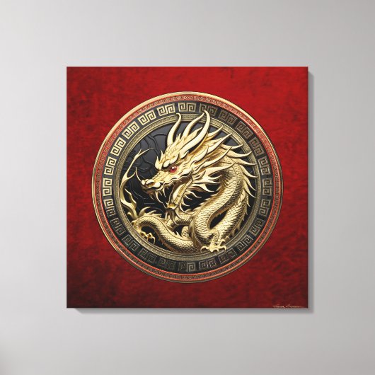 Gouden Heilige Oosterse Draak over Medaillon Canvas Afdruk (Voorkant)