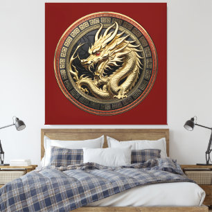 Gouden Heilige Oosterse Draken Medaillon Canvas Afdruk