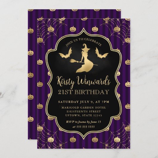 Gouden heks en pompoenstrepen 21e verjaardag kaart (Voorkant / Achterkant)