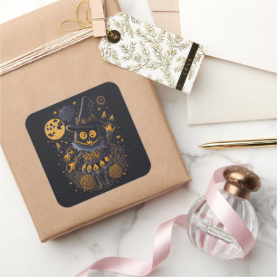 Gouden Heksenkat Sticker Elegant Halloween Label