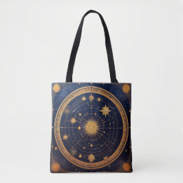 Gouden hemels ontwerp met zon en banen tote bag
