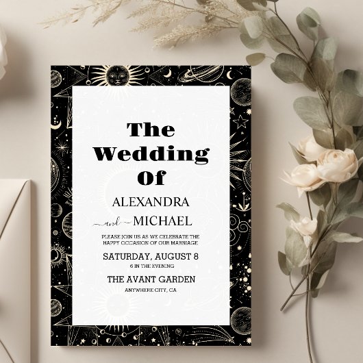 Gouden hemelse mystieke maan bruiloft kaart