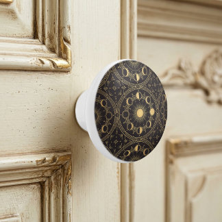 Gouden Hemelse Zon Maan Fasen Geometrisch Patroon Keramische Knop