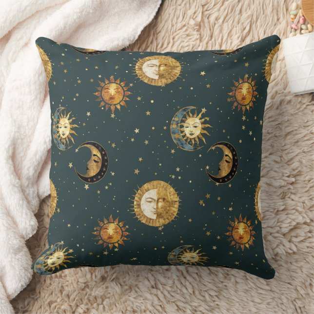 Gouden Hemelse Zon Maan Sterren Middenblauw Kussen (Deken)
