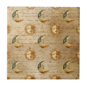 Gouden Hemelse Zon Maan Vintage Astrologie Patroon Tegeltje
