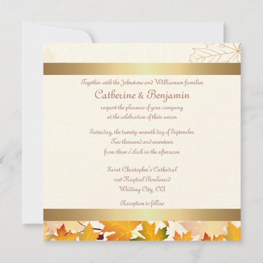 Gouden herfst bladeren bruiloft kaart (Achterkant)
