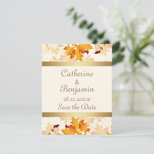 Gouden herfst bladeren bruiloft opslaan van de dat save the date (Staand voorkant)