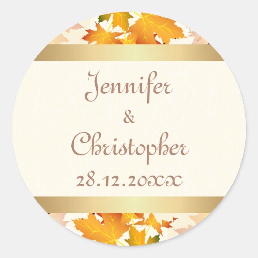 Gouden herfst bladeren bruiloft ronde sticker (Voorkant)