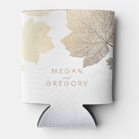 Gouden herfst bladeren wit rustieke bruiloft blikjeskoeler (Voorkant)