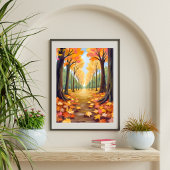 Gouden herfst bospad warme aquarel blad poster