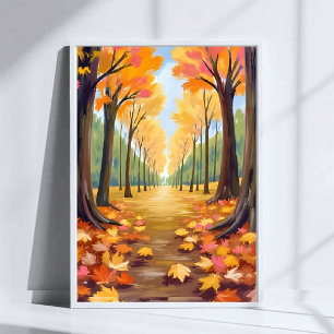 Gouden herfst bospad warme aquarel blad poster