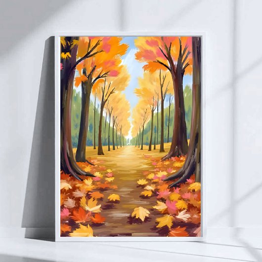 Gouden herfst bospad warme aquarel blad poster