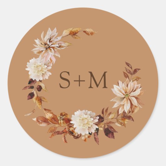 Gouden Herfst Monogram Florale Krans Envelopezegel Ronde Sticker (Voorkant)