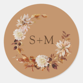 Gouden Herfst Monogram Florale Krans Envelopezegel Ronde Sticker