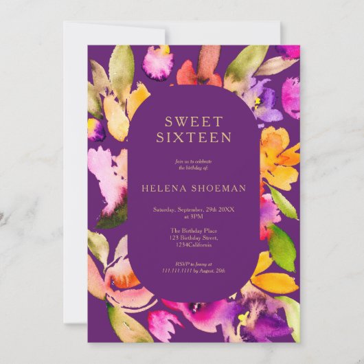 Gouden herfst oversize bloemige waterverf Sweet 16 Kaart (Voorkant)