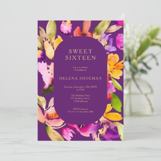 Gouden herfst oversize bloemige waterverf Sweet 16 Kaart (Staand voorkant)