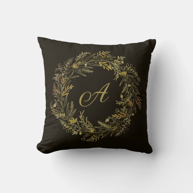 Gouden Herfstblad Frame Botanisch Monogram Kussen (Voorkant)