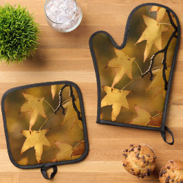 Gouden Herfstbladeren Kerstcadeau Ovenwant & Pannenlap Set