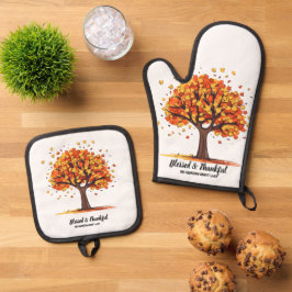 Gouden herfstbomen fijne Thanksgiving groet Ovenwant & Pannenlap Set