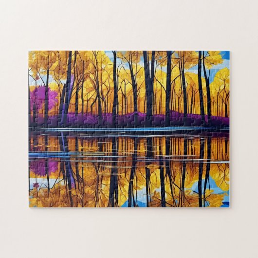 Gouden herfstbos bij het meer legpuzzel (Horizontaal)