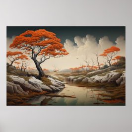 Gouden herfstdroomlandschap met sinaasappelbomen f poster