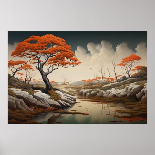 Gouden herfstdroomlandschap met sinaasappelbomen f poster (Voorkant)