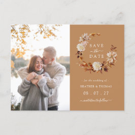 Gouden herfstkrans bruiloft foto save the date aankondigingskaart