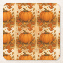 Gouden herfstpompoen en vallende bladeren kartonnen onderzetters