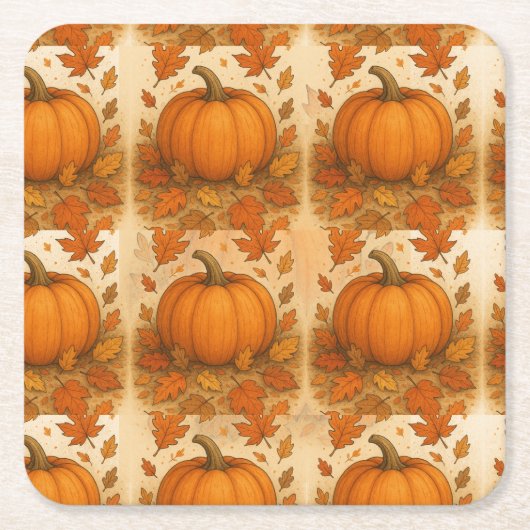 Gouden herfstpompoen en vallende bladeren kartonnen onderzetters (Voorkant)