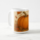 Gouden herfstpompoen en vallende bladeren koffiemok (Voorkant links)