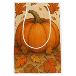 Gouden herfstpompoen en vallende bladeren medium cadeauzakje