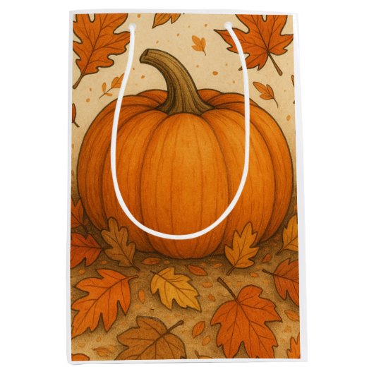 Gouden herfstpompoen en vallende bladeren medium cadeauzakje (Voorkant)
