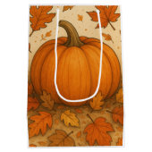 Gouden herfstpompoen en vallende bladeren medium cadeauzakje (Achterkant)