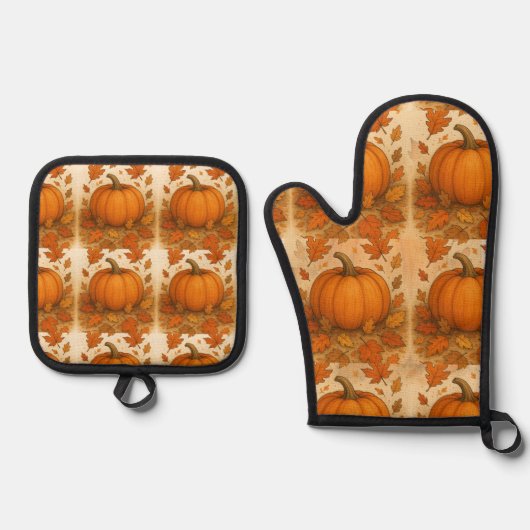 Gouden herfstpompoen en vallende bladeren ovenwant & pannenlap set (Voorkant)