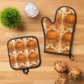 Gouden herfstpompoen en vallende bladeren ovenwant & pannenlap set (Top down)