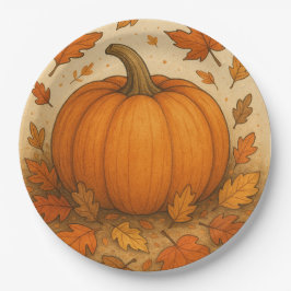 Gouden herfstpompoen en vallende bladeren papieren bordje