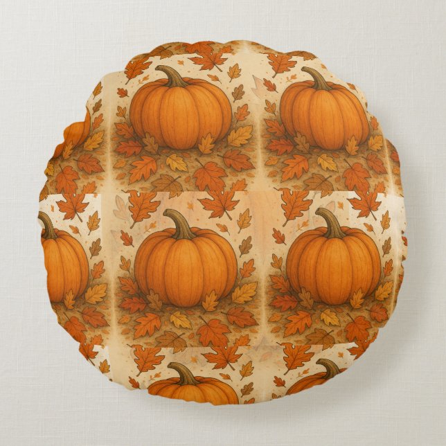 Gouden herfstpompoen en vallende bladeren rond kussen (Voorkant)