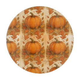 Gouden herfstpompoen en vallende bladeren snijplank