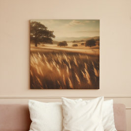 Gouden herfstweide met oude eikenbomen zicht canvas afdruk